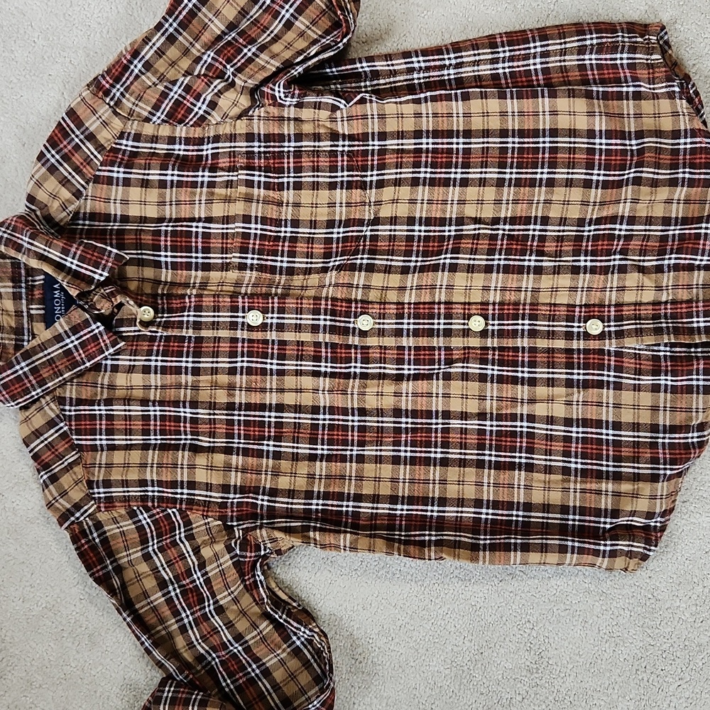 Boys Button Down Plaid Dress Shirt- Large 7 Brown/Tan/Orange